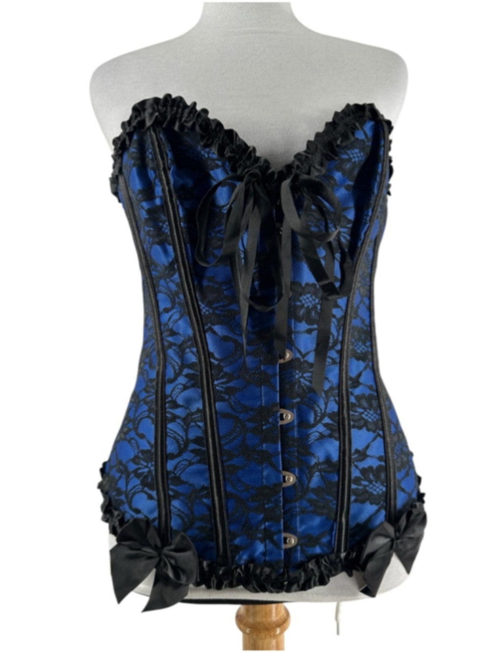 Corset top blue black lace overlay cinched waist trainer boning witchy goth M